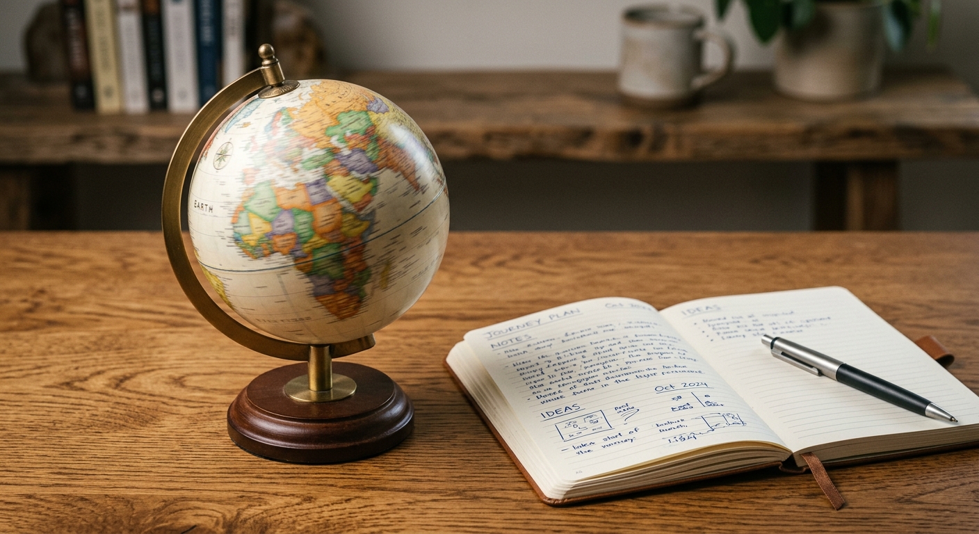 Malaysia small spinning desk globe on a wooden surface beside an open notebook and pen