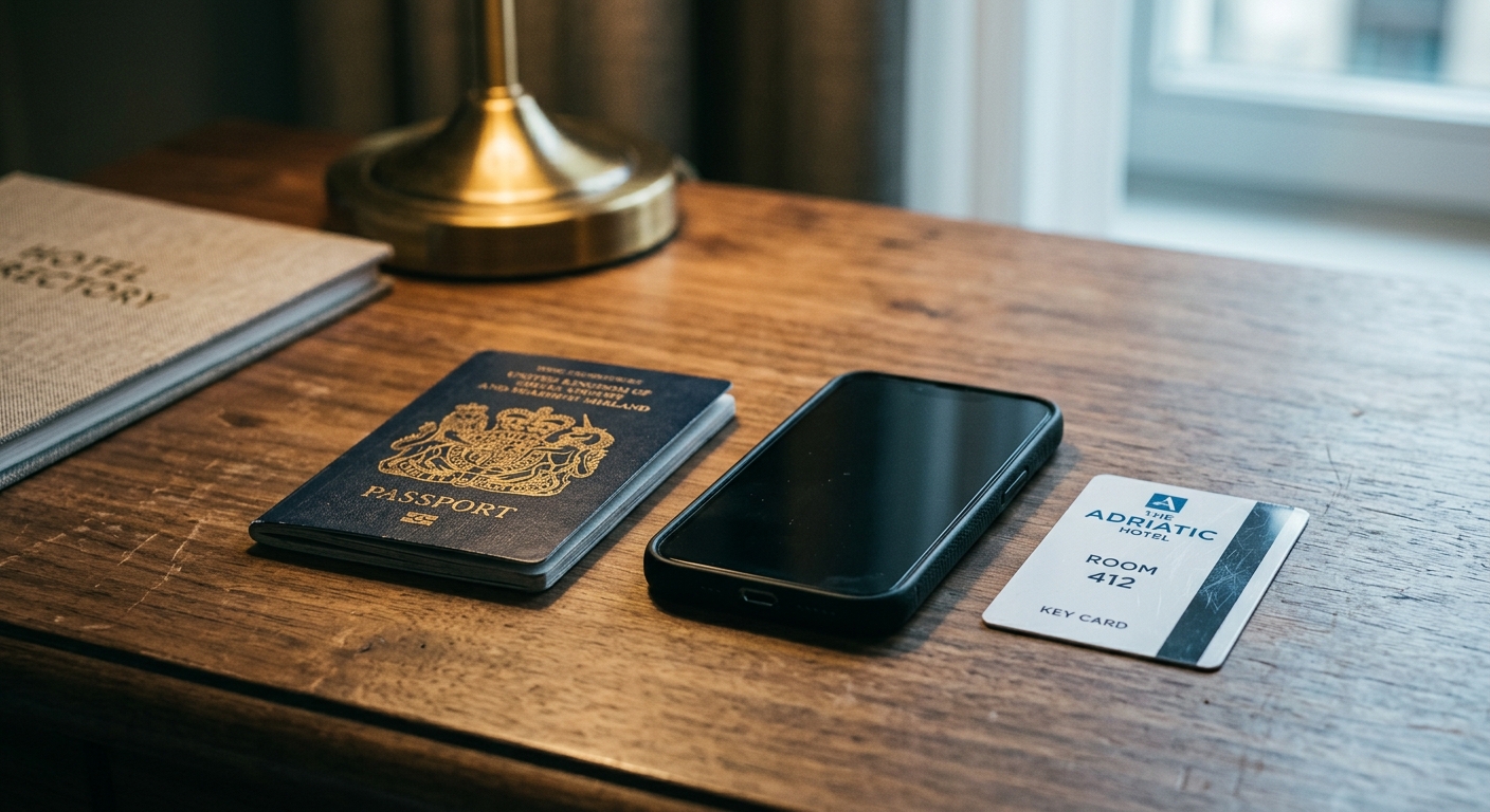 Kenya passport lying closed on a hotel desk beside a smartphone and room key card