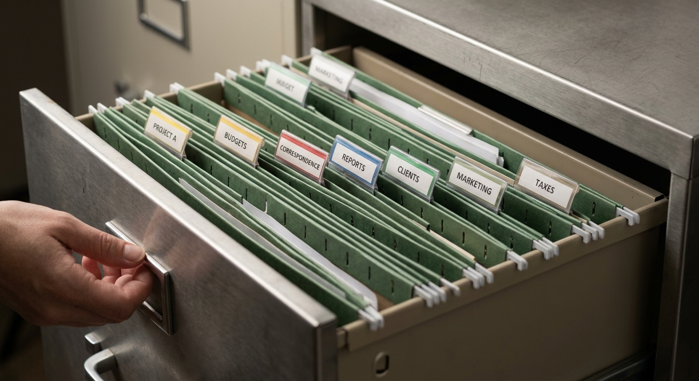 Brazil filing cabinet drawer pulled halfway open showing neatly organized hanging folde