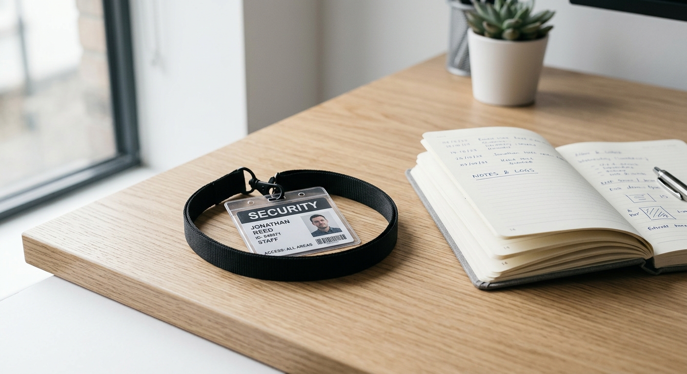 Kuwait single security badge on a lanyard coiled on a clean white desk beside a noteboo