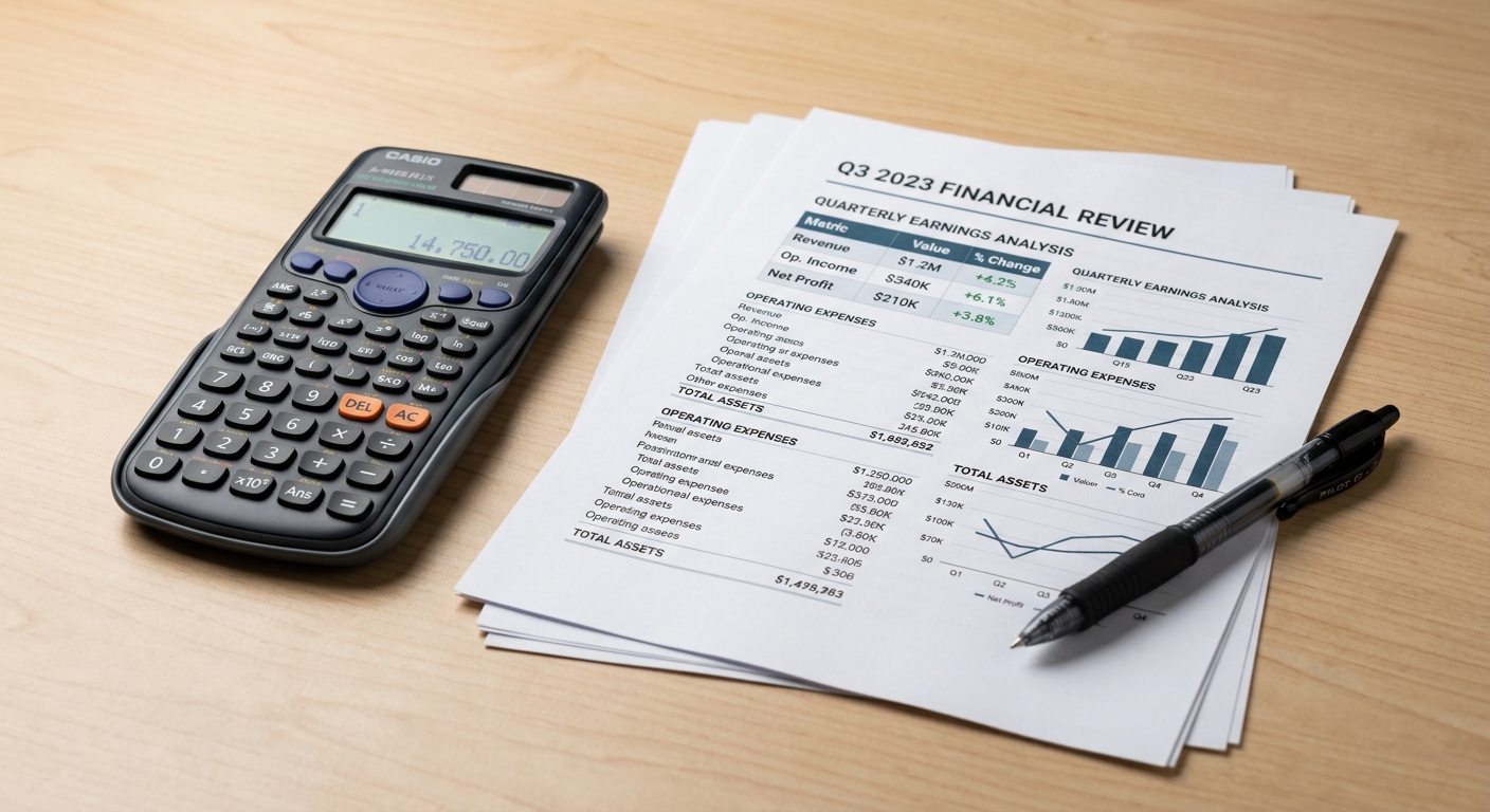 Kuwait calculator beside printed financial documents and a pen on a clean light wood de