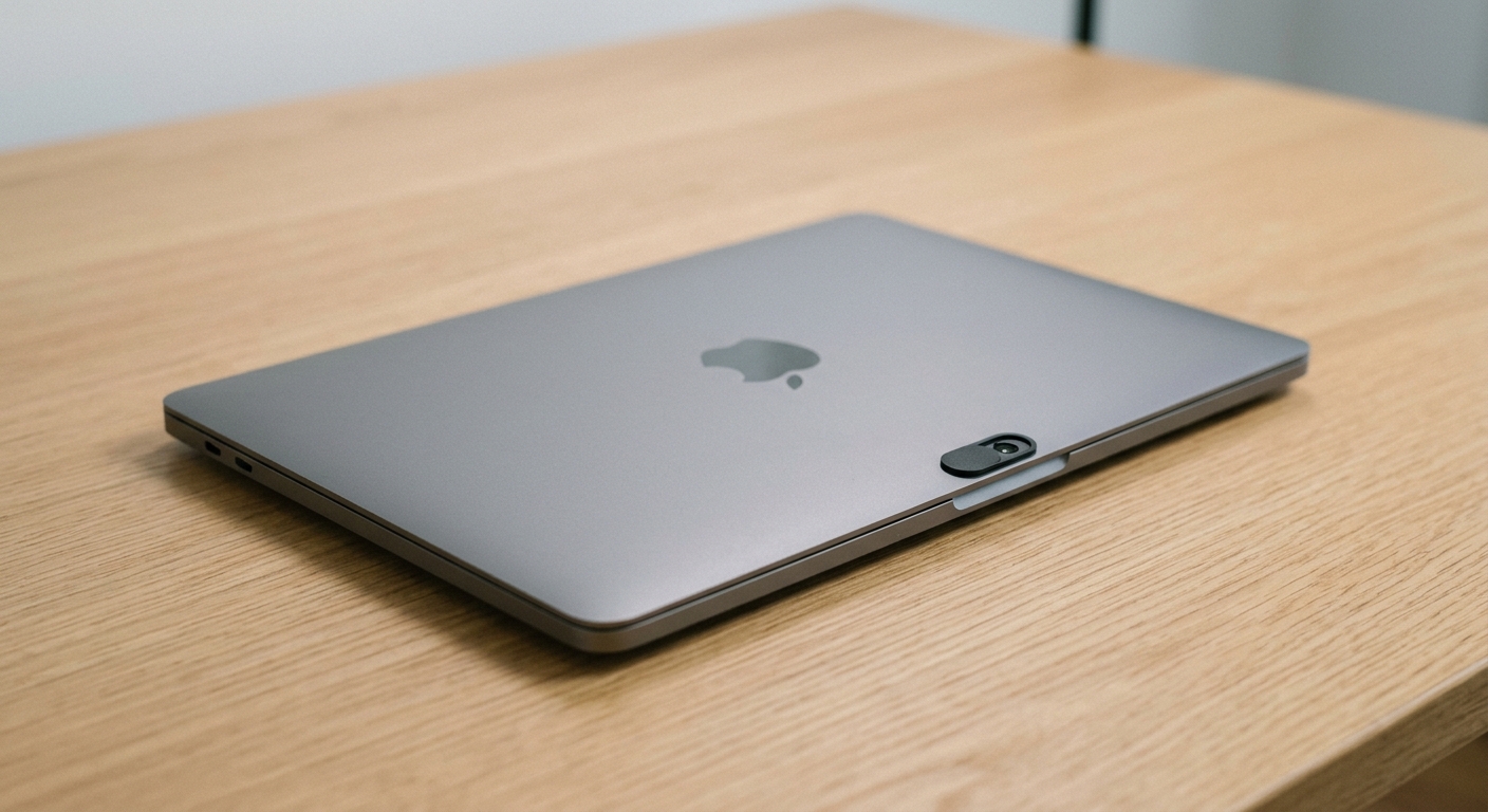 Kuwait closed laptop with a small adhesive webcam cover slider visible on the bezel, on