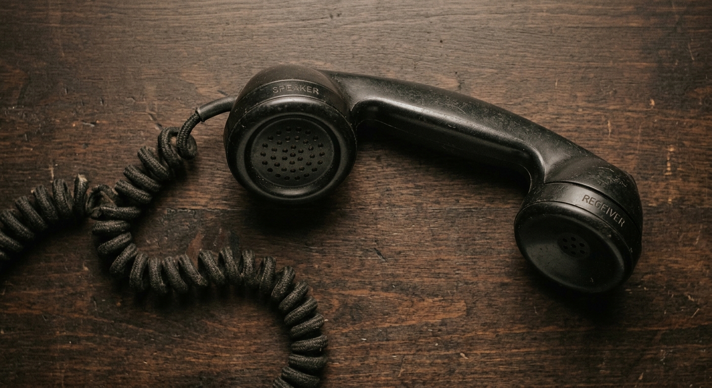 Uruguay retro rotary telephone handset lying off the hook on a dark surface with warm tu