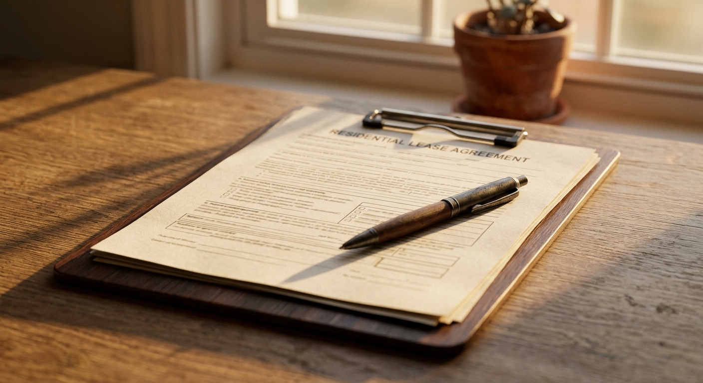 a residential lease agreement on a clipboard with a pen, no people