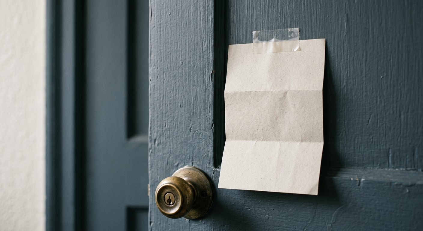 a folded notice taped to an apartment door, no people