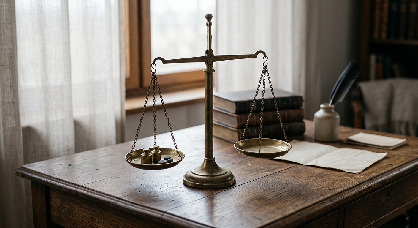 a brass set of balance scales on a wooden desk