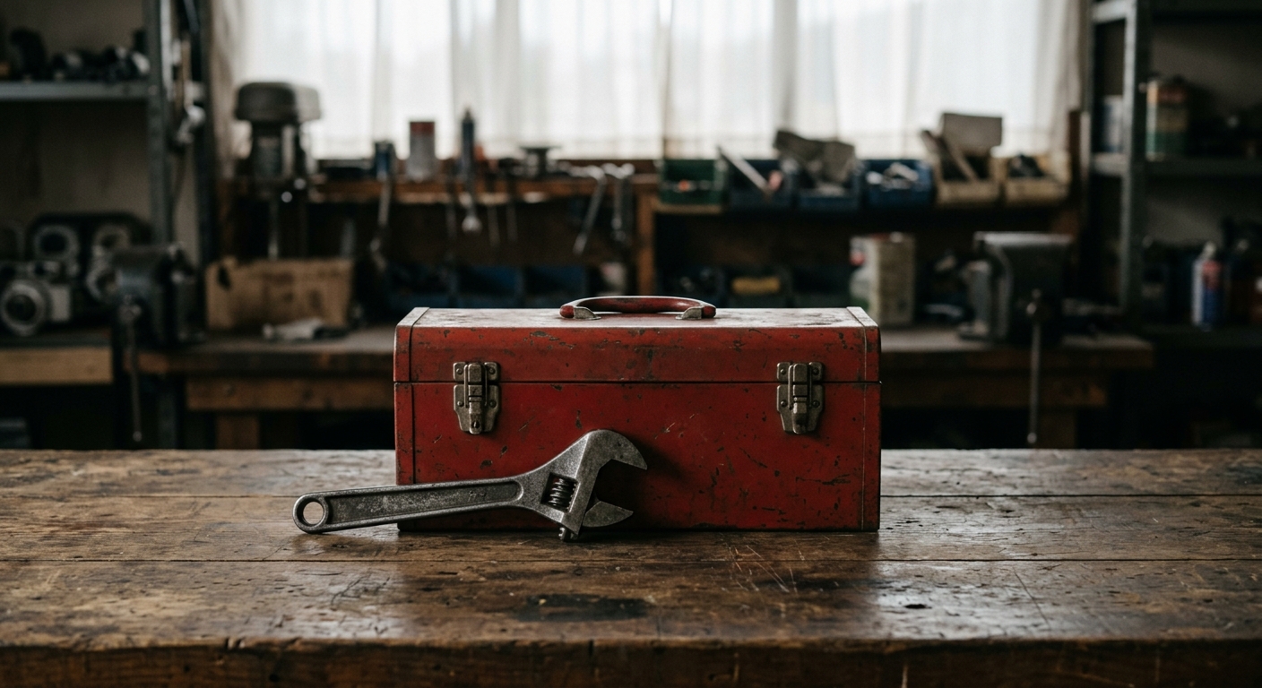a maintenance toolbox with a wrench on a counter, no people