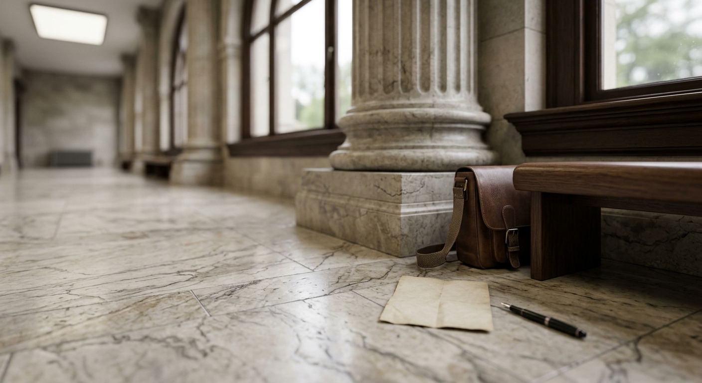 a courthouse hallway with marble floors and tall windows