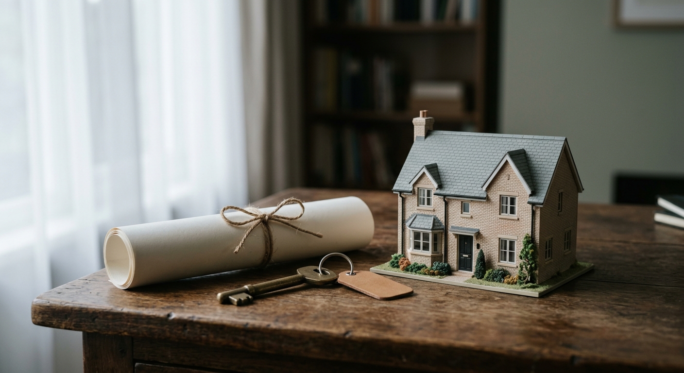 a model house beside a key and a rolled lease on a desk, no people