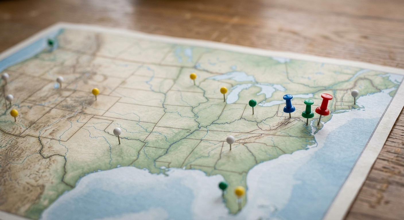 a printed map of the United States on a desk with colored pins