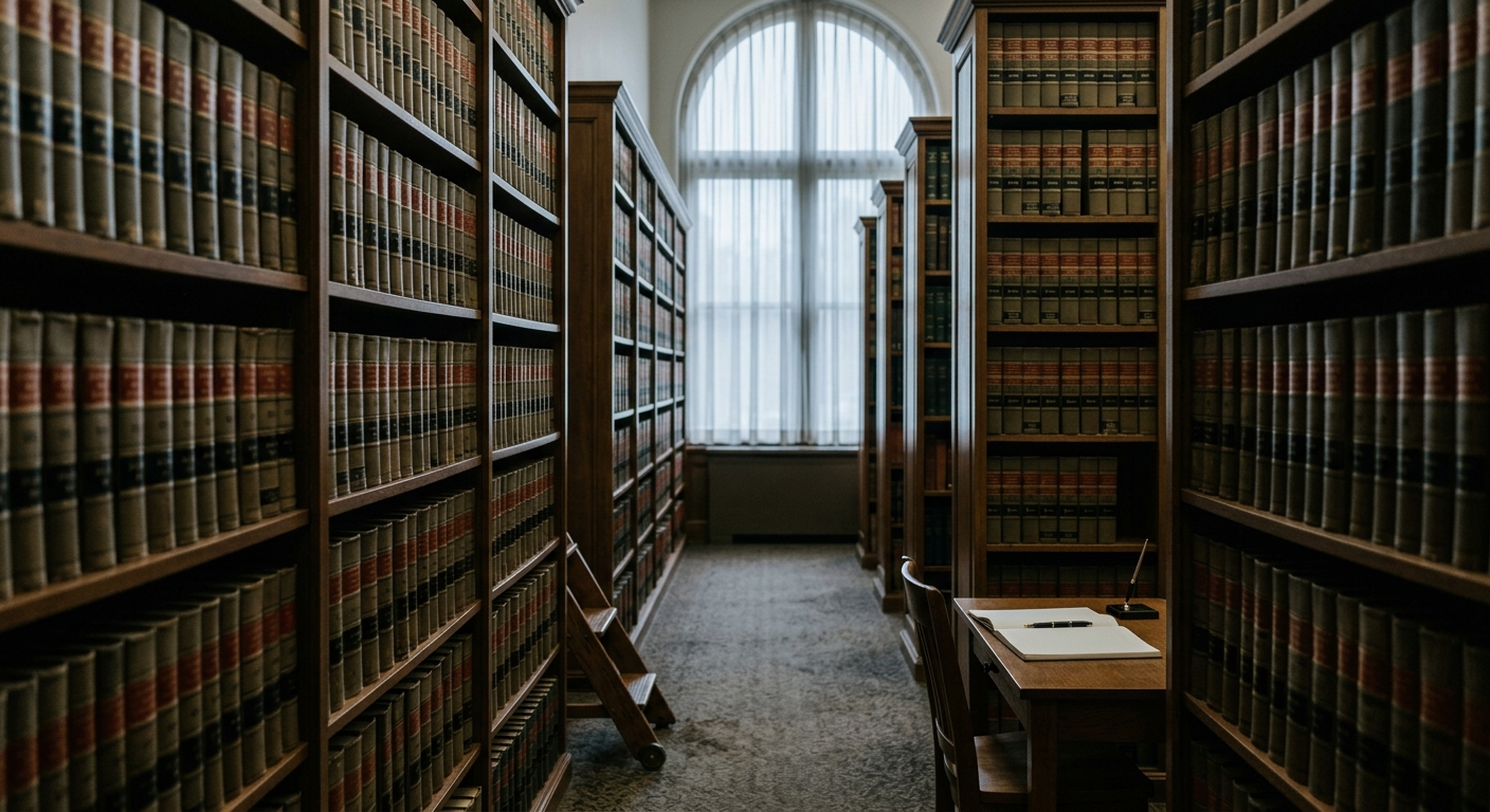 a quiet law library aisle with tall shelves of bound legal volumes