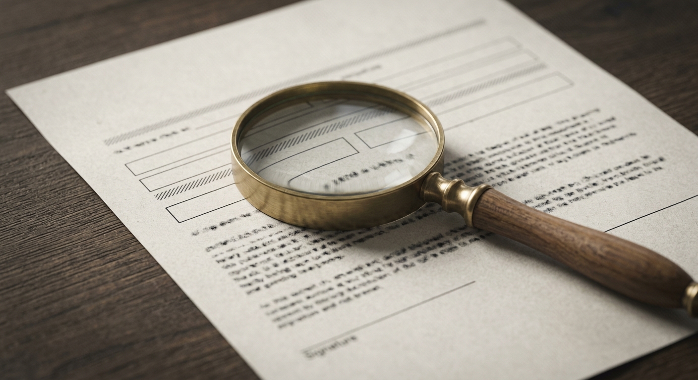 a magnifying glass resting on a printed lease document on a desk
