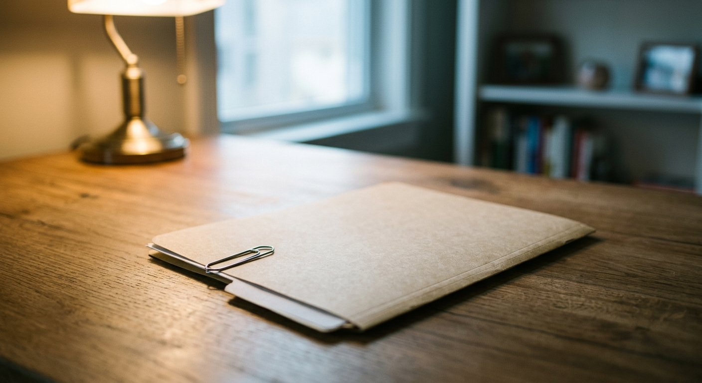 a closed manila folder with a paper clip on a clean desk