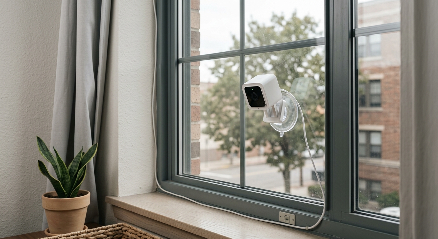 Alaska apartment window with a security camera suction-mounted on the inside glass