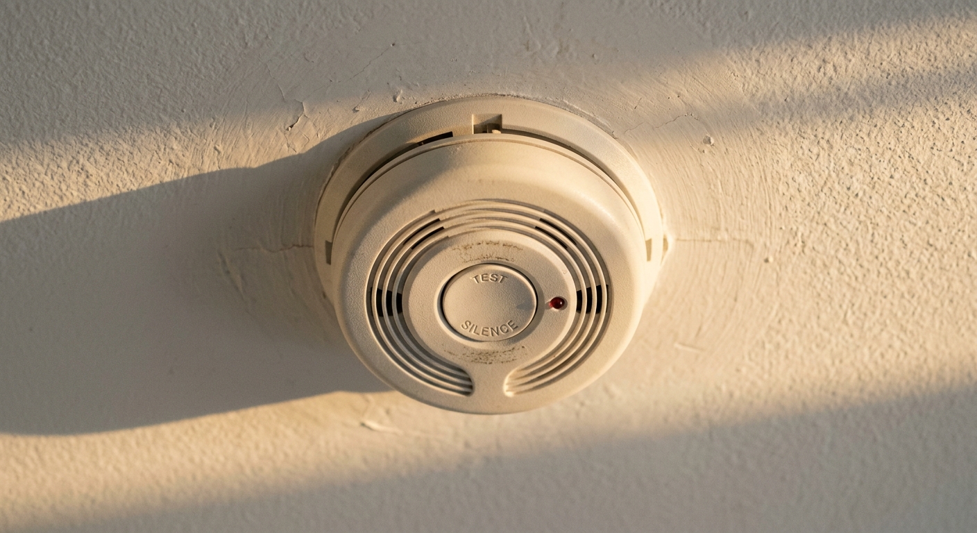 Missouri smoke detector on a white apartment ceiling, standard round housing