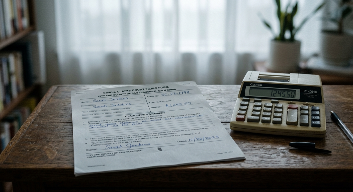 Nevada small claims court filing form on a desk beside a calculator