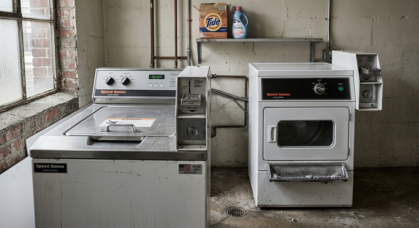 Nevada laundry room in an apartment basement with coin-operated machines