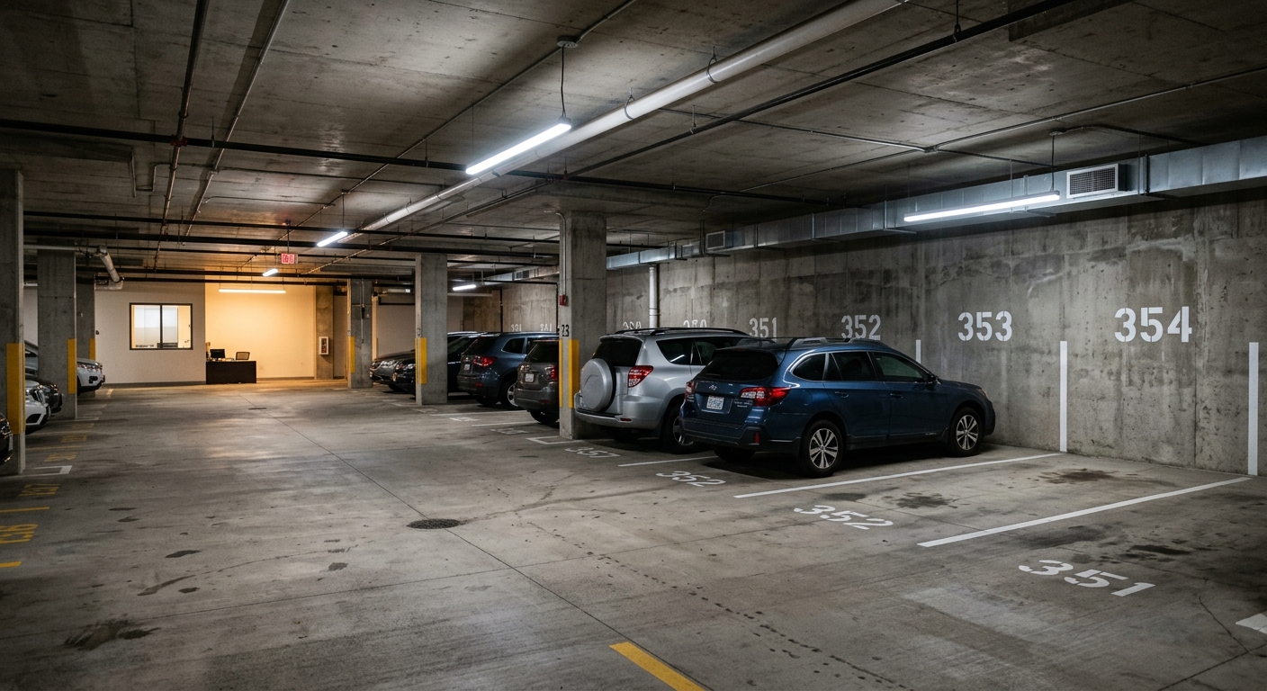 Florida apartment parking garage with numbered spaces and overhead lighting