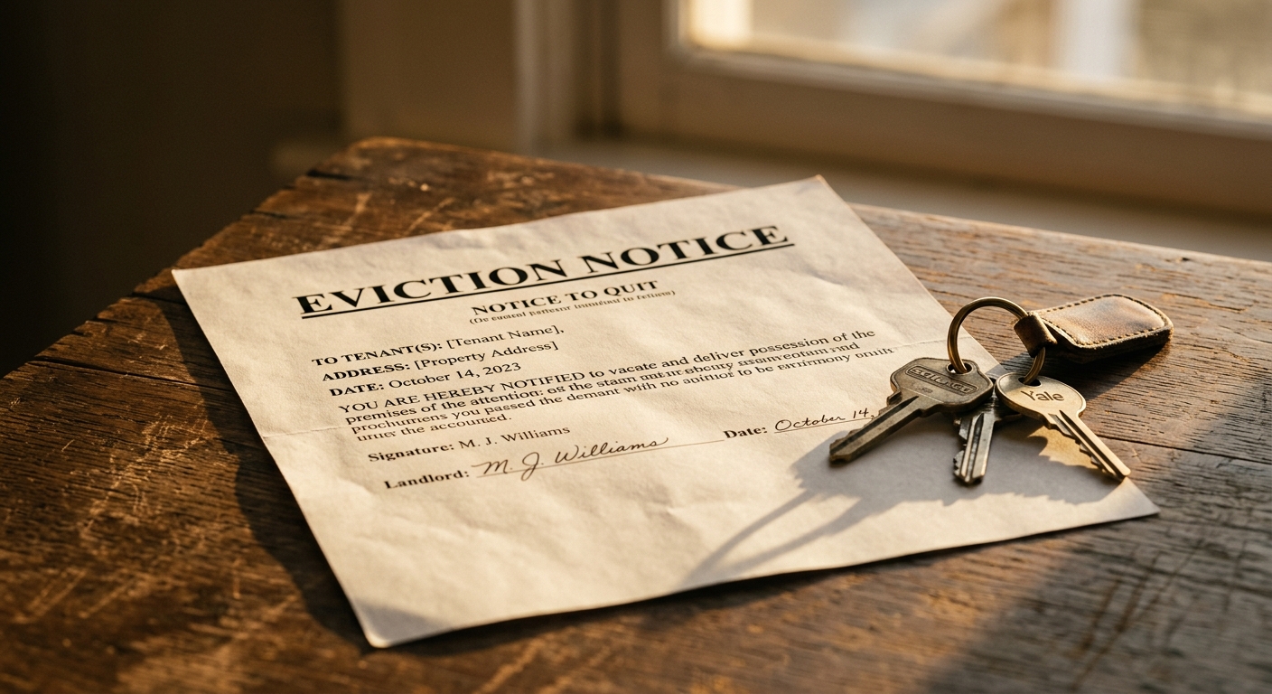 Florida eviction notice document on a table beside a set of house keys