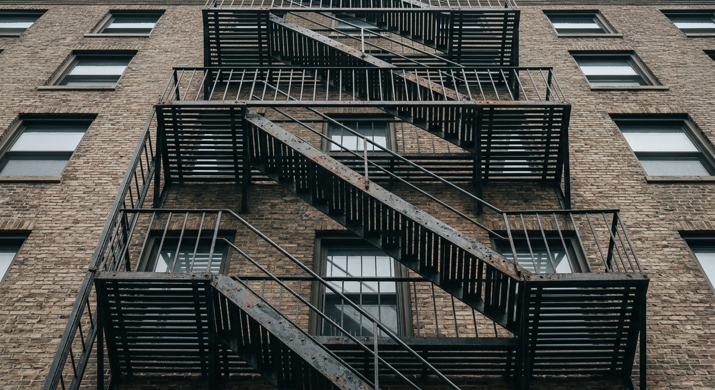 Missouri apartment building fire escape stairs viewed from below