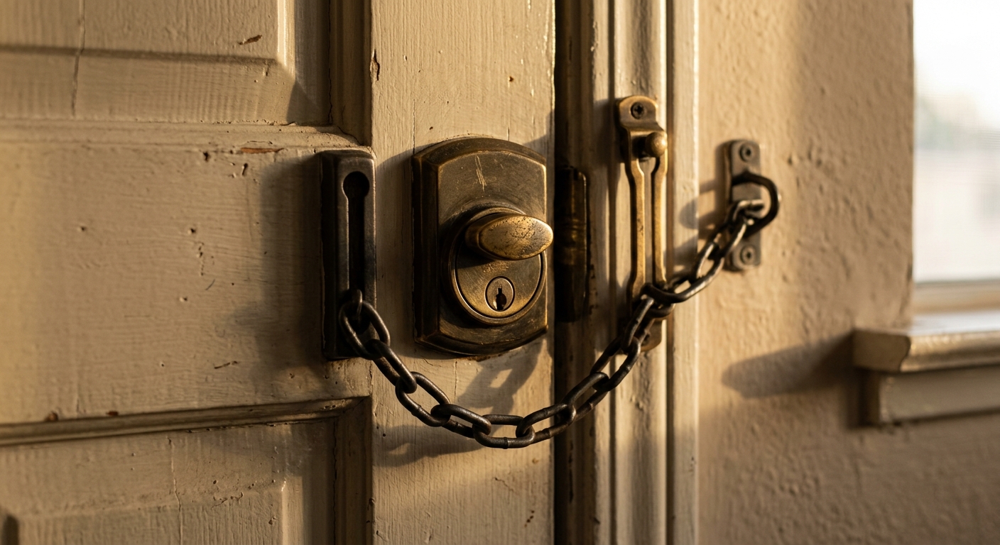 Florida apartment door with a chain lock and deadbolt, viewed from inside