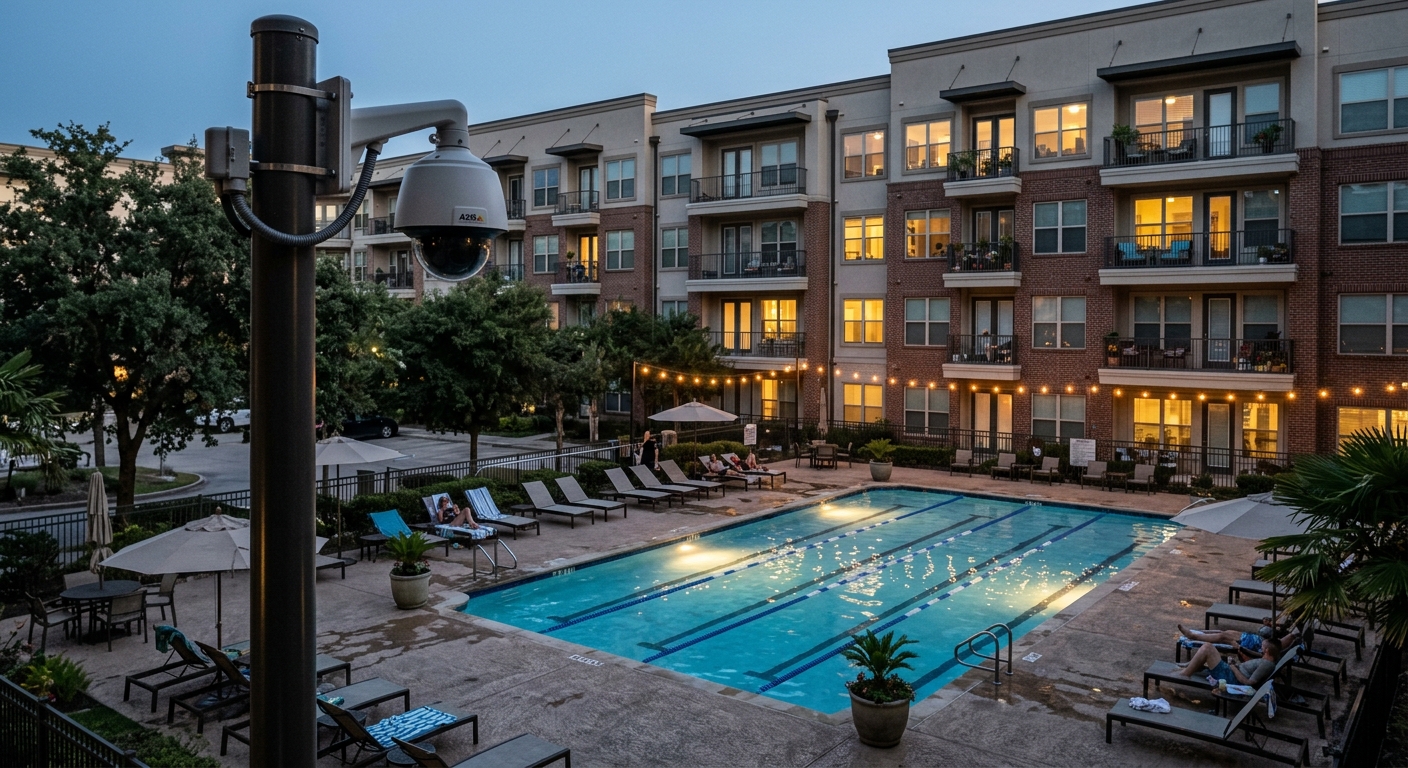 Oregon swimming pool area behind an apartment complex with a camera on a pole