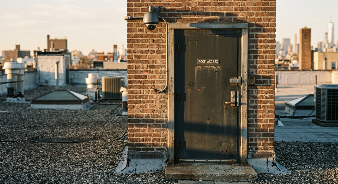 North Dakota apartment building roof access door with a security camera above it