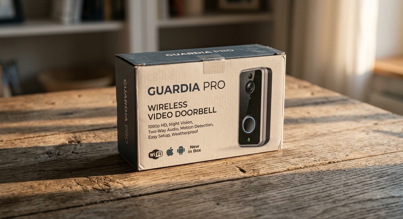 Colorado wireless doorbell camera packaging box on a table, new in box