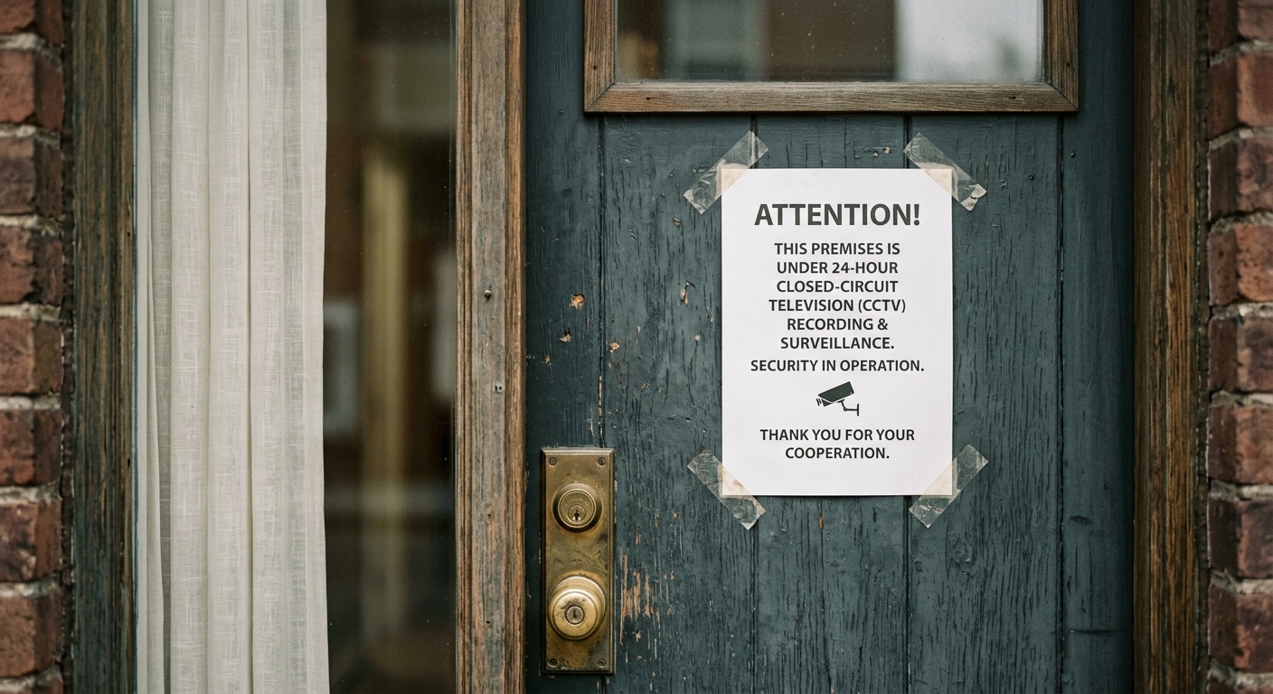 New Mexico building entrance door with a posted notice about surveillance recording