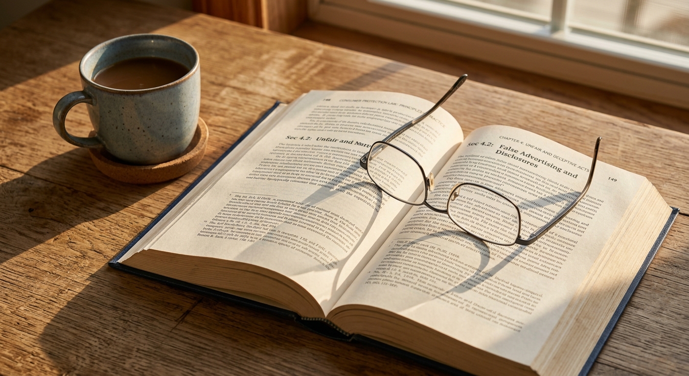 United States open consumer protection law book with reading glasses resting on it, coffee cup