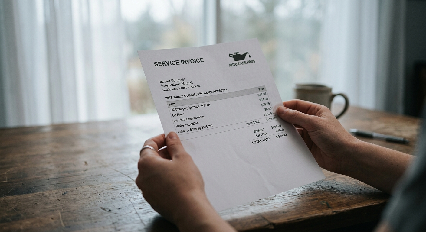 United States hands holding a vehicle repair invoice, shallow focus on the paper