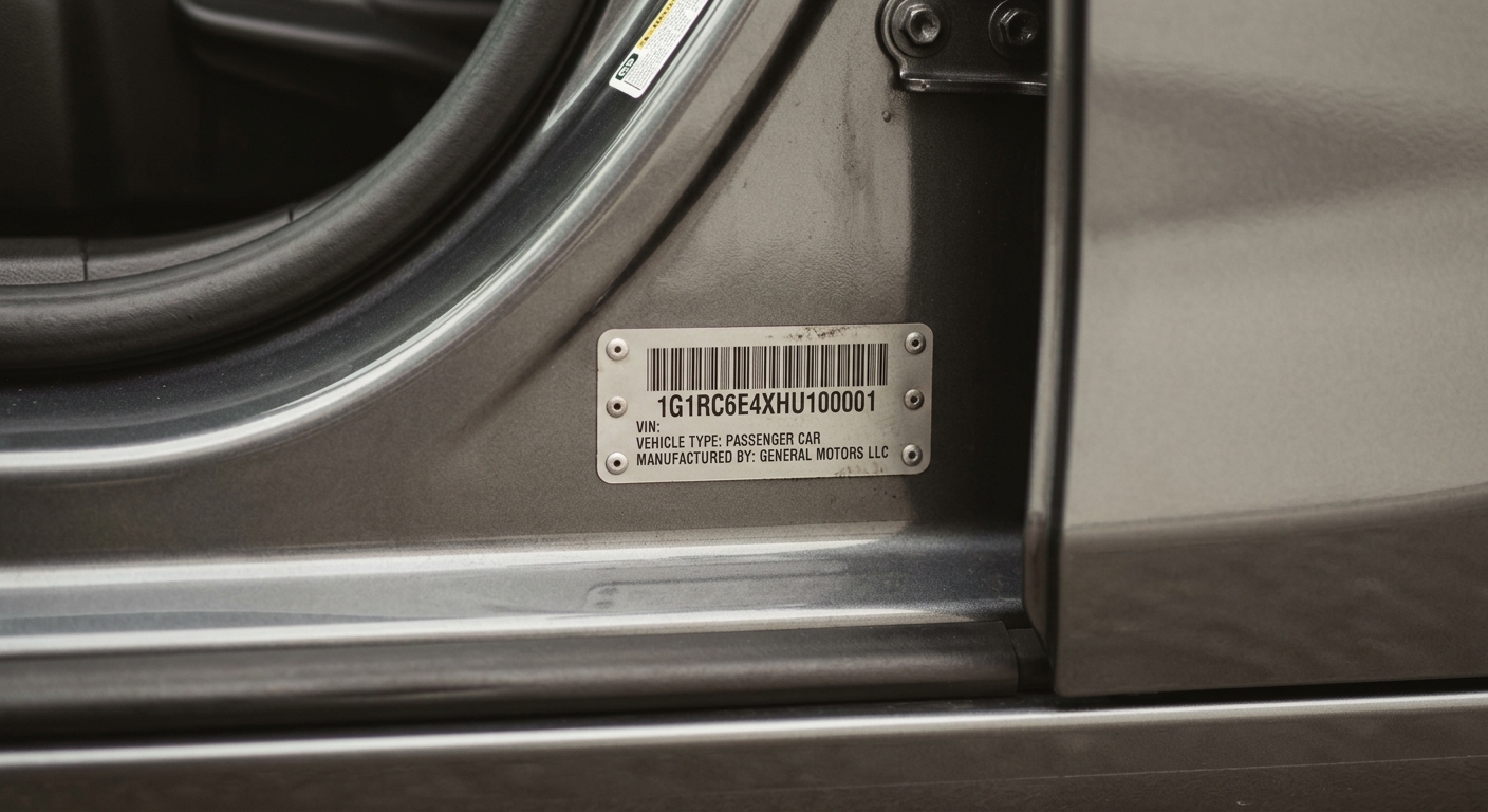 United States vehicle identification number plate on a car door jamb