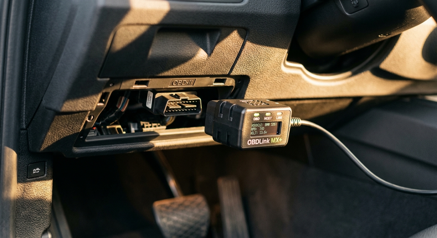 United States car diagnostic scanner tool plugged into a vehicle obd port under the dashboard