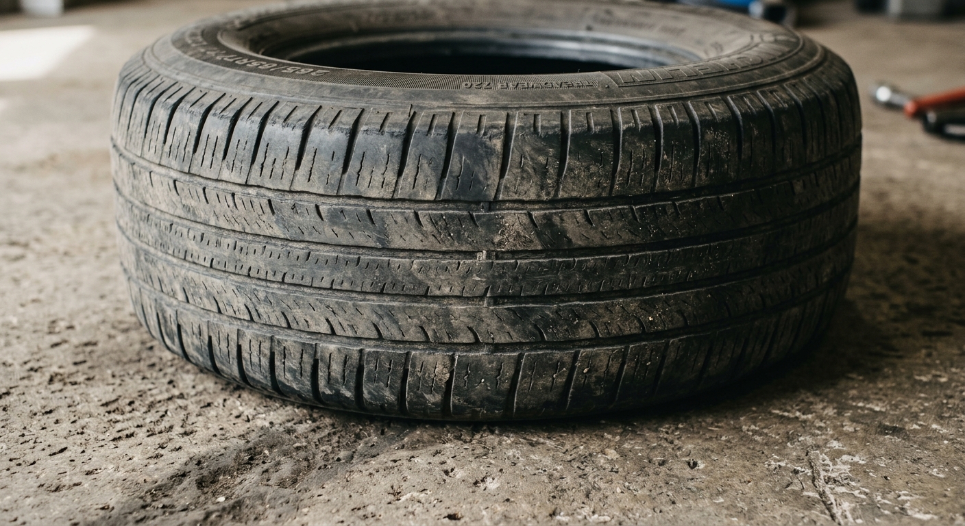 United States tire tread close-up showing wear patterns on a vehicle tire