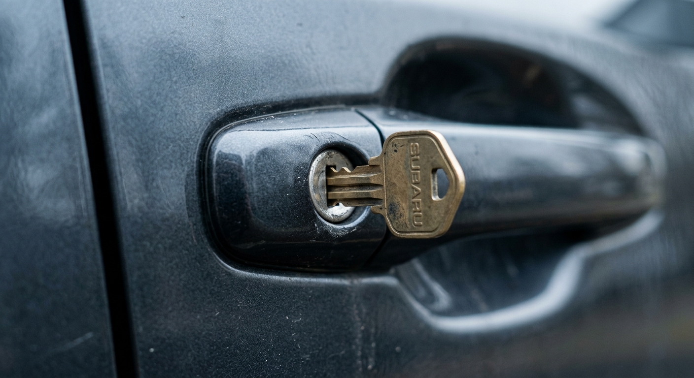 United States car door handle with a key inserted, close-up shot