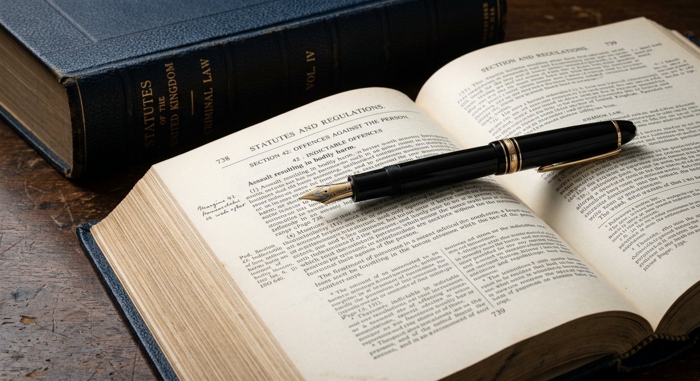 life sentence: pen resting on an open legal statute book