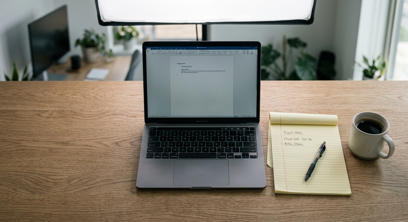 life sentence: clean desk with a laptop, legal pad, and coffee mug in a modern office