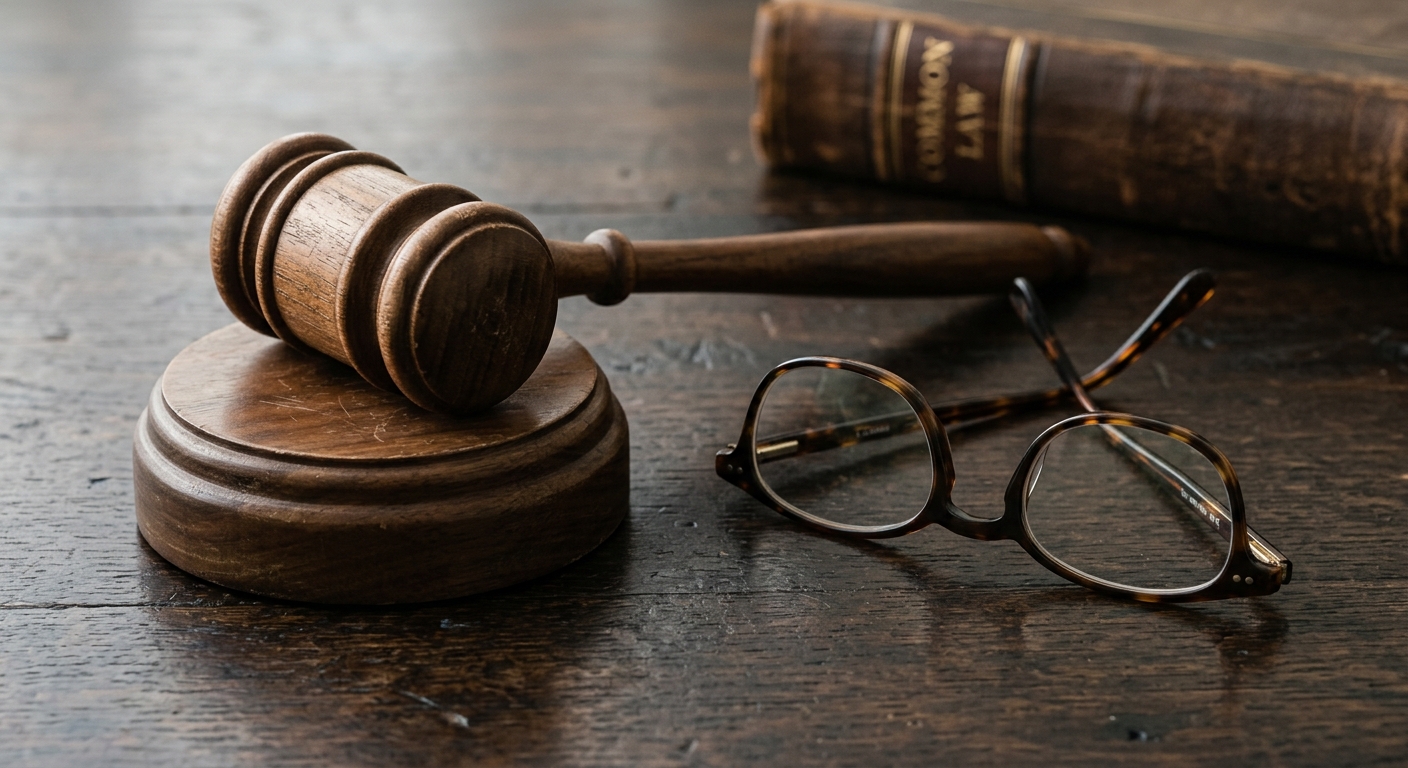 life sentence: gavel resting next to reading glasses on a dark surface