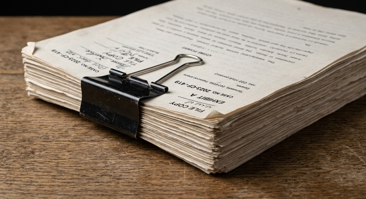 life sentence: stack of court documents held together with a binder clip