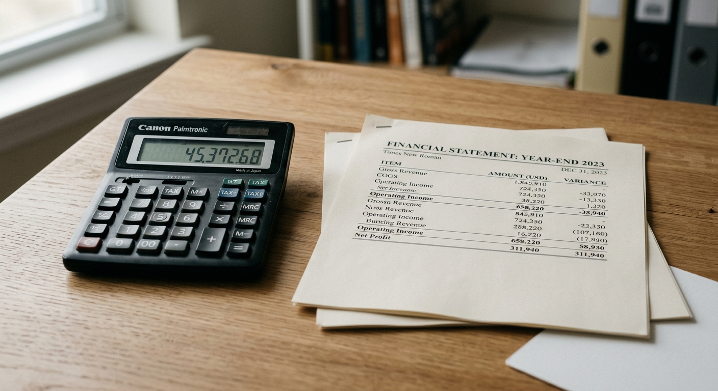 life sentence: calculator beside printed financial statements on a desk