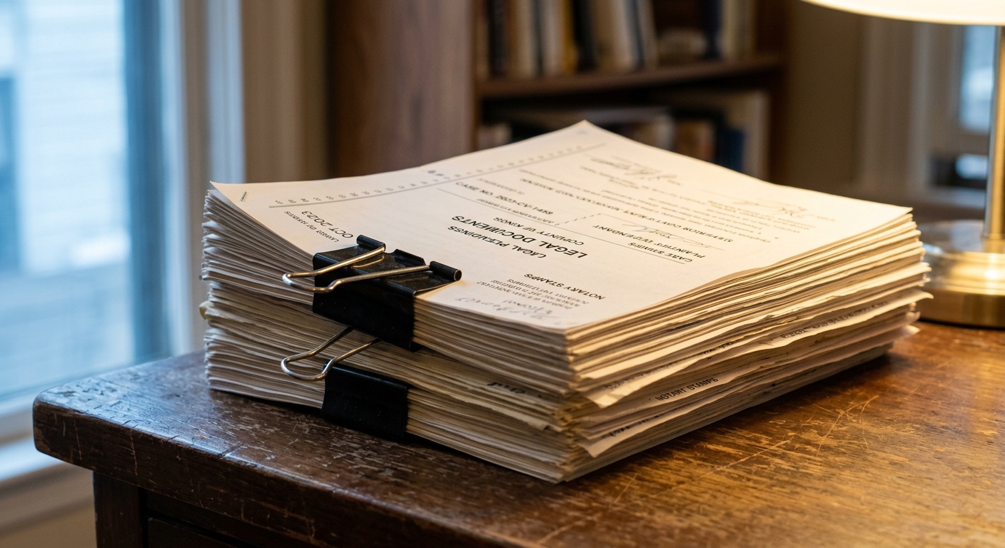 medical records: stack of court documents held together with a binder clip