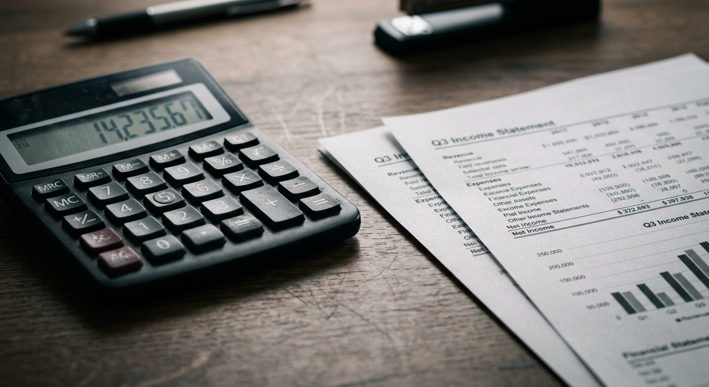 medical records: calculator beside printed financial statements on a desk