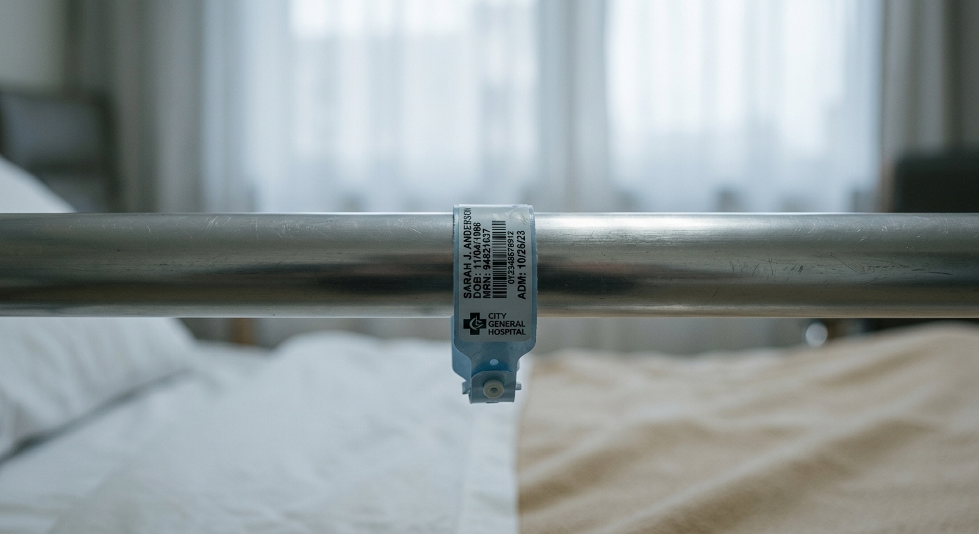 Oregon patient wristband on a hospital bed railing, close-up