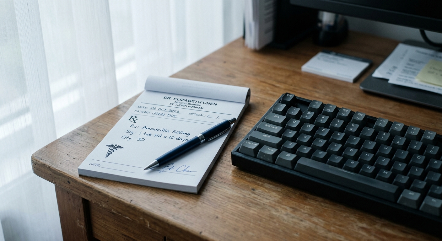 California prescription pad and pen on a doctor desk beside a computer keyboard