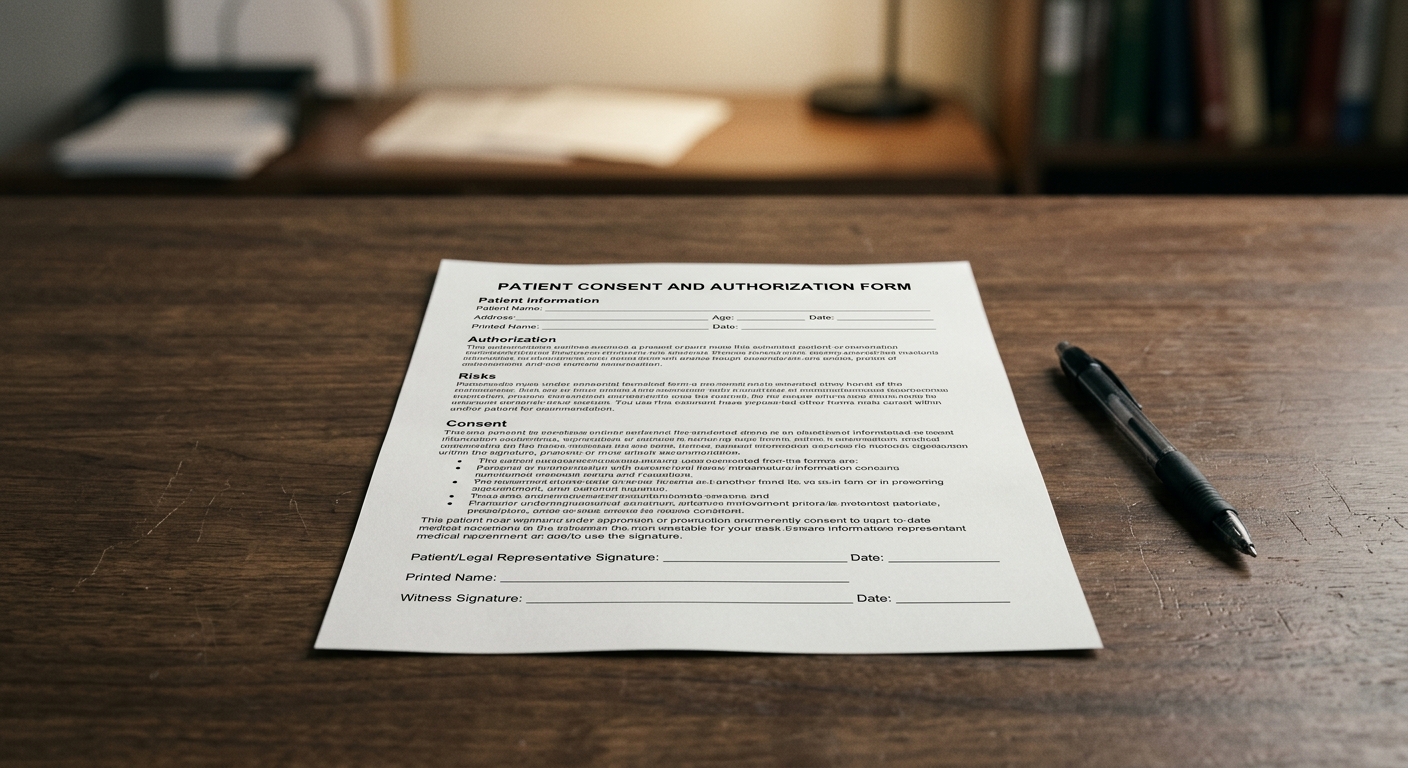 North Carolina medical consent form with signature lines on a desk