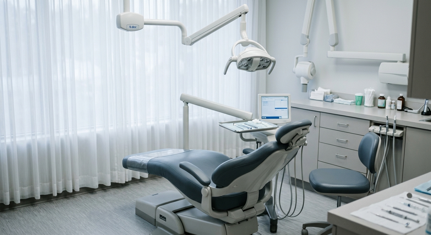Iowa dental office chair and overhead light, no people, clean clinical setting