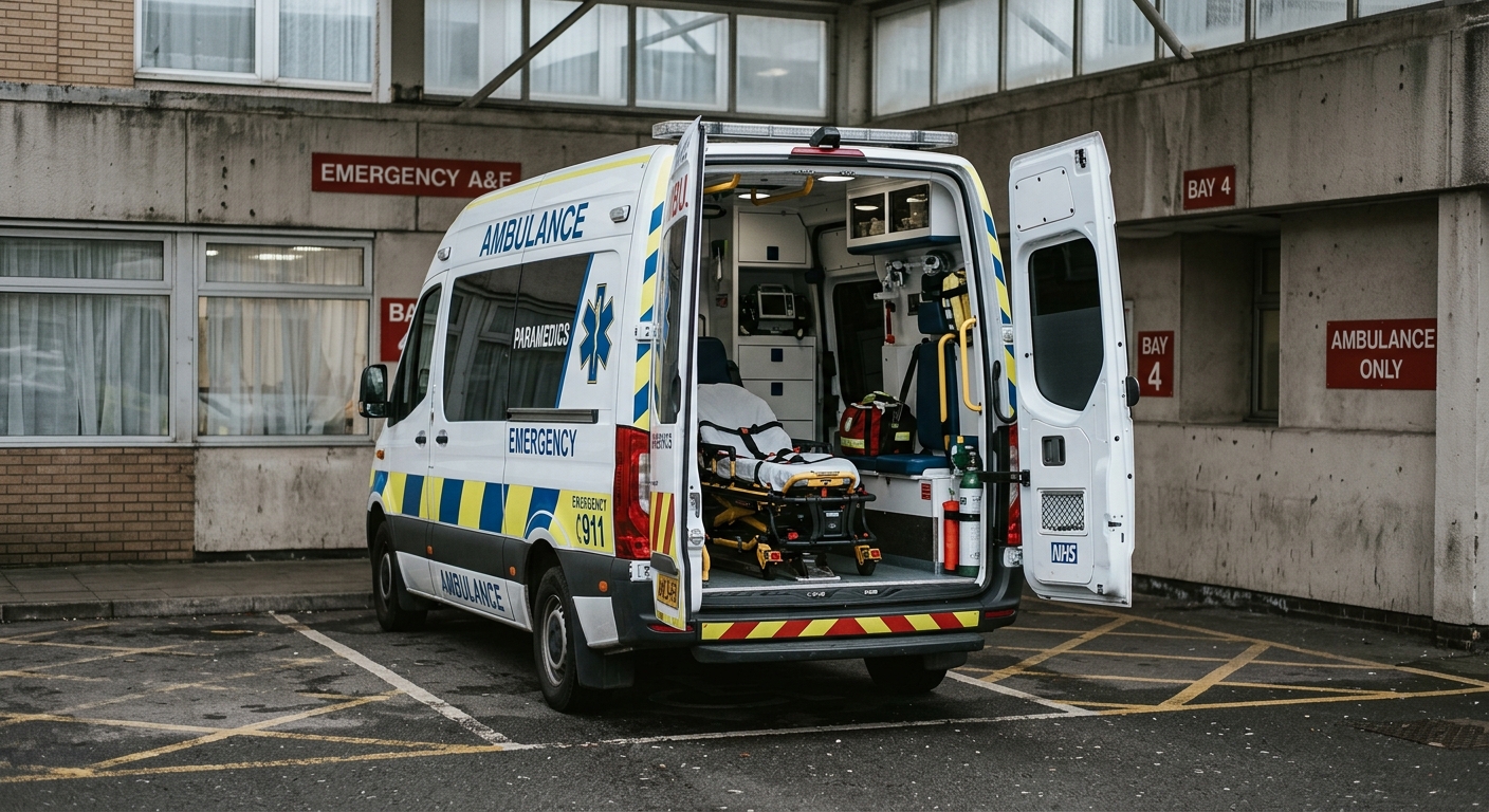 Alabama ambulance exterior with open back doors, parked in a hospital bay