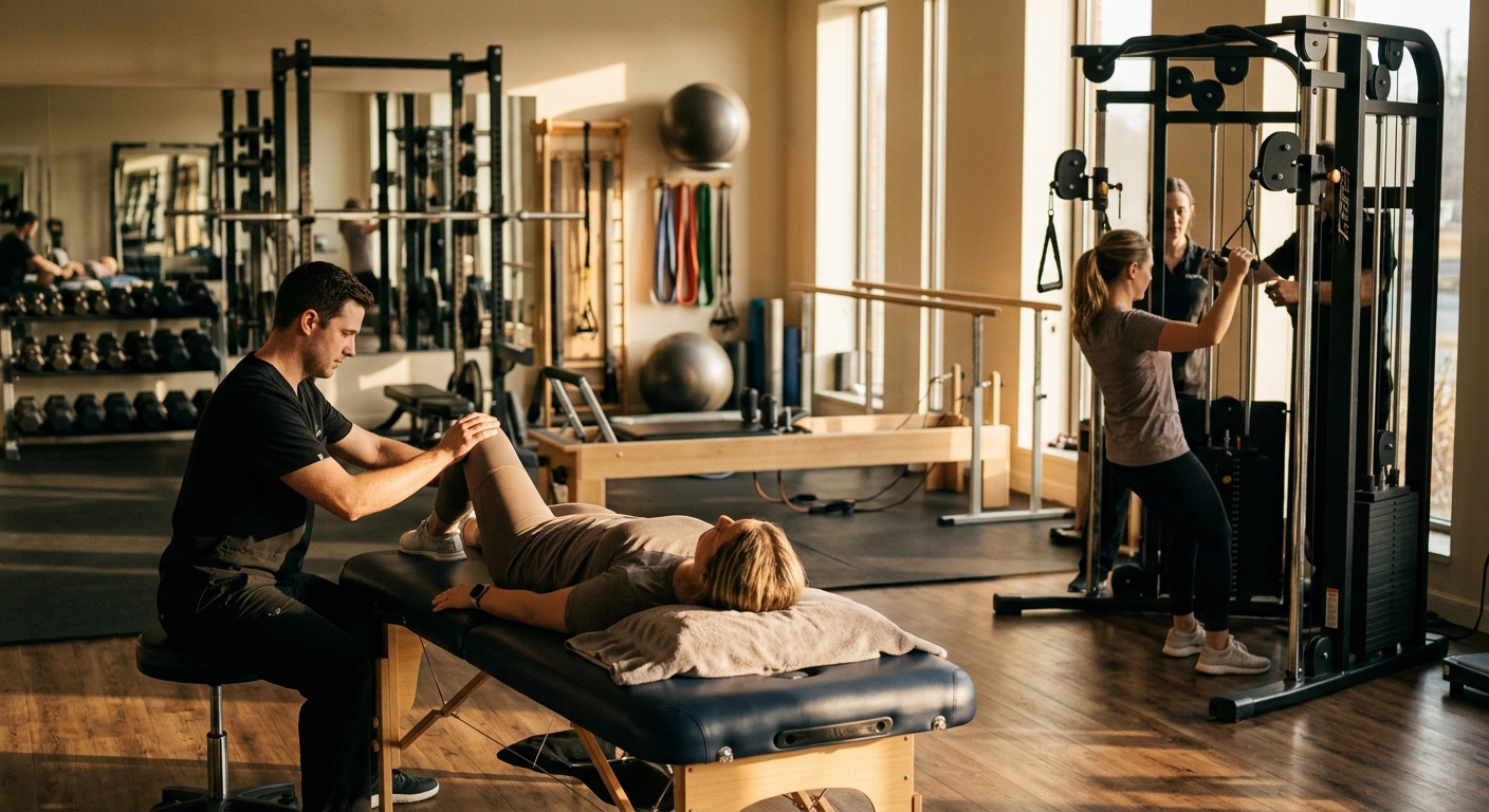 Wisconsin physical therapy gym with exercise equipment and treatment tables