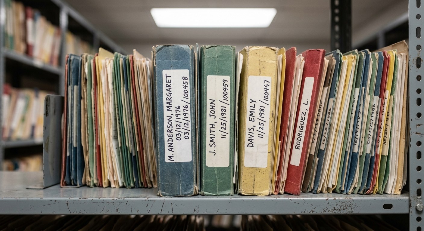 Nevada medical records file room with shelves of folders