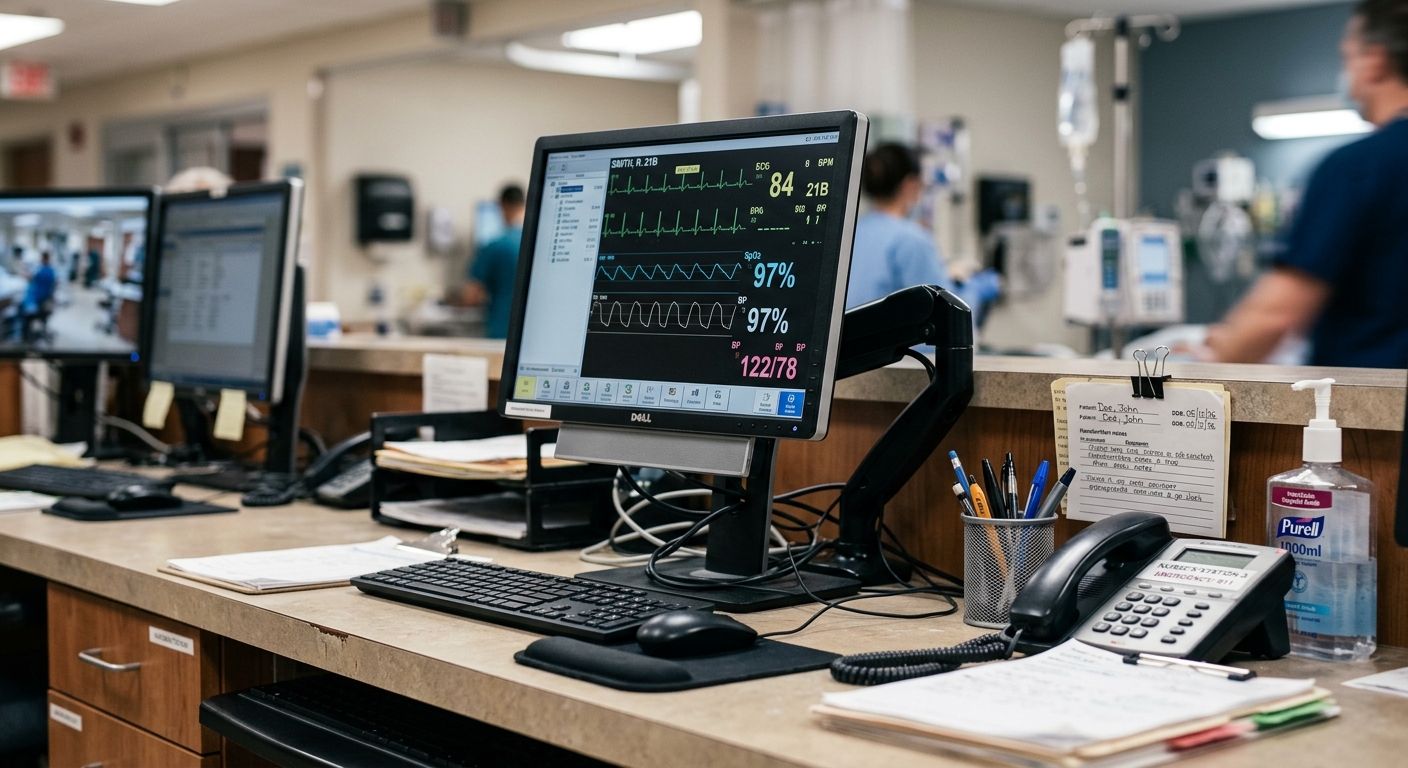Alabama nursing station counter in a hospital ward with monitors visible